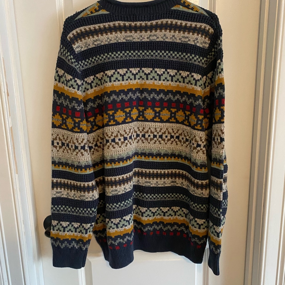 L.L. Bean Men's Organic Cotton Roll Neck Navy and Yellow Patterned Sweater - Picture 7 of 9
